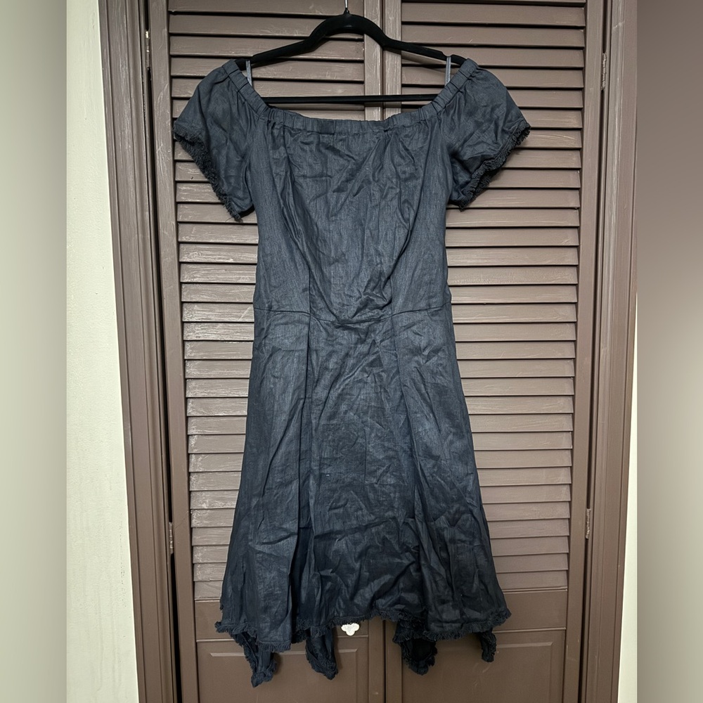 New with tag DKNY Black Off-Shoulder Dress size Med 100% Linen Sharkbite Raw Hem